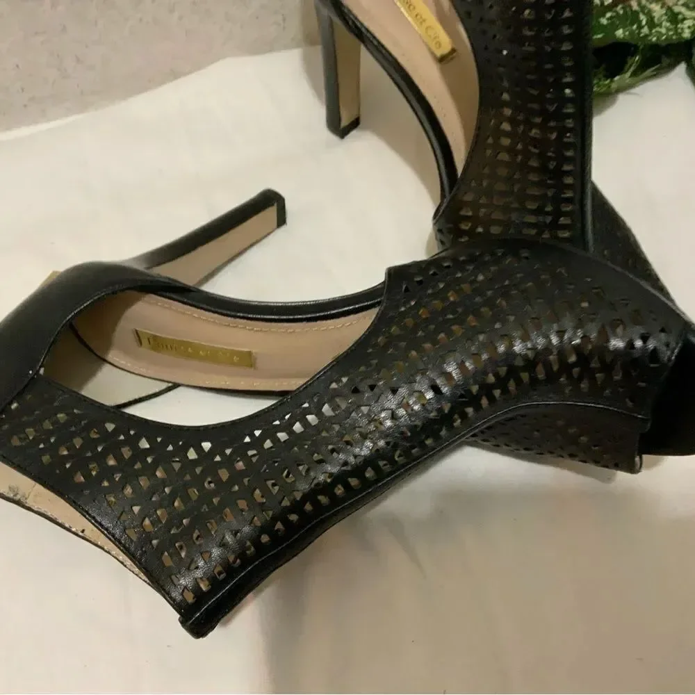 Louise et Cie Women's Black Heels Size 8 Leather Olivia Cut Out Open Toe Peep